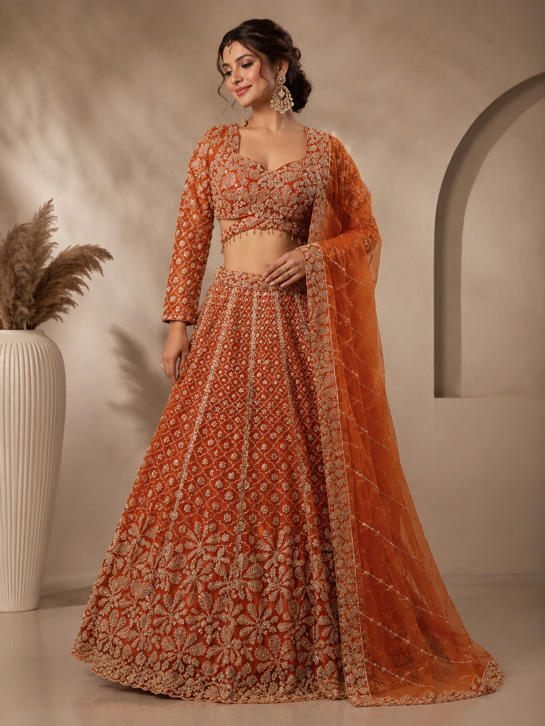 Rust Orange Bridal Embroidered Lehenga Set with Net Dupatta